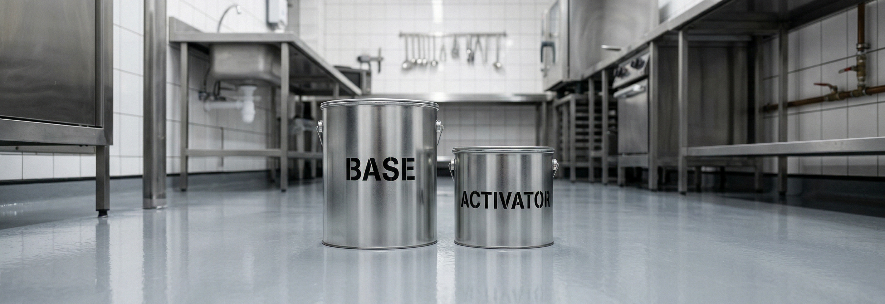Two-part epoxy resin base and activator tins sitting on a finished commercial kitchen floor.