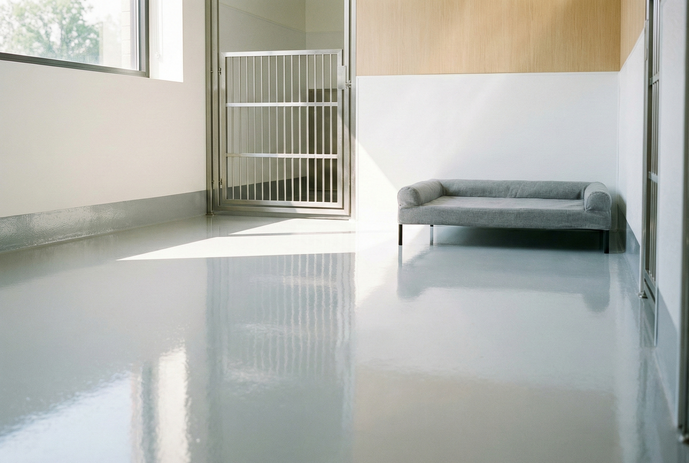 A modern kennel, the floor is painted in a clean, glossy two-pack epoxy floor paint.