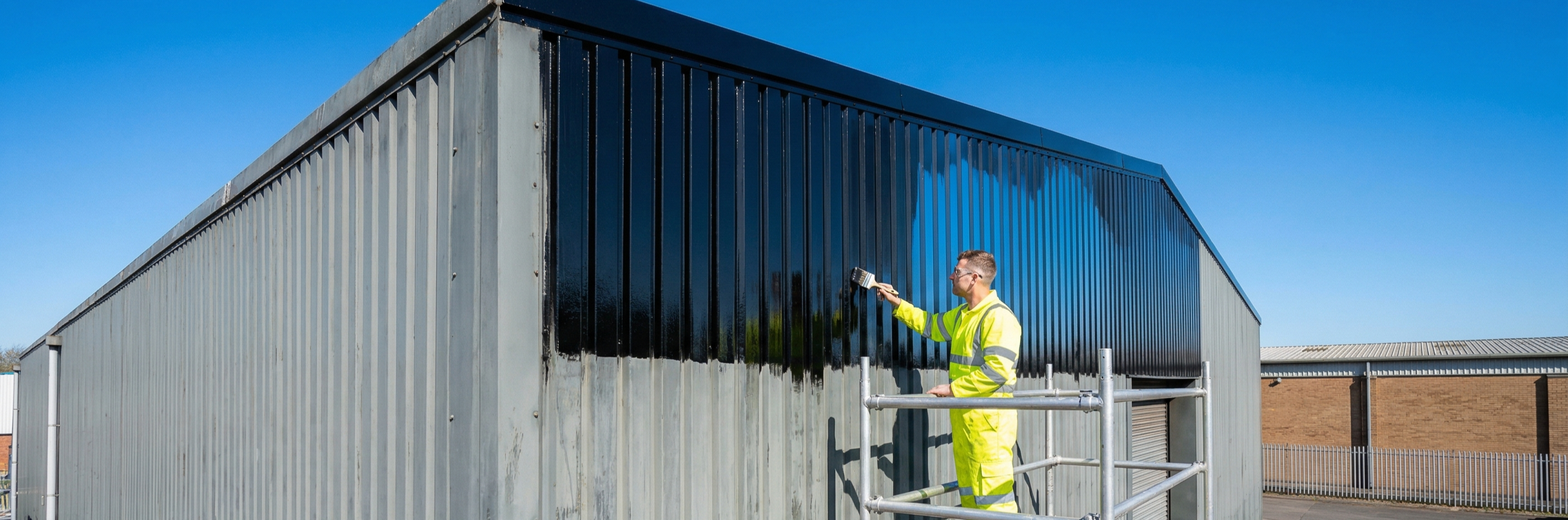 Freshly painted high-gloss black industrial metal cladding on a UK warehouse drying under a clear blue sky.