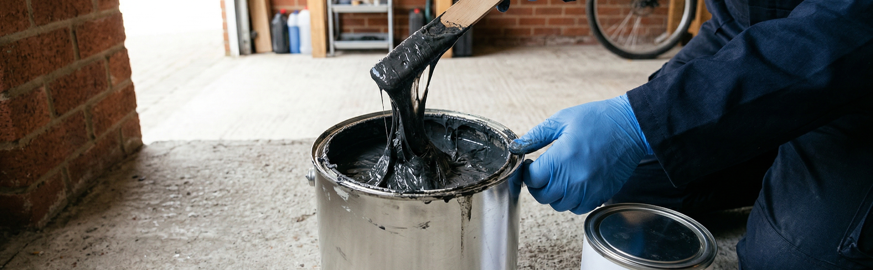 Two-pack epoxy floor paint that has hardened too quickly in a blank silver metal tin.