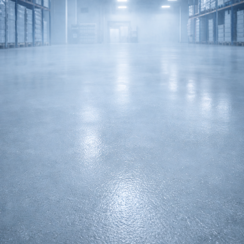 Empty warehouse with a reflective floor and high ceilings.