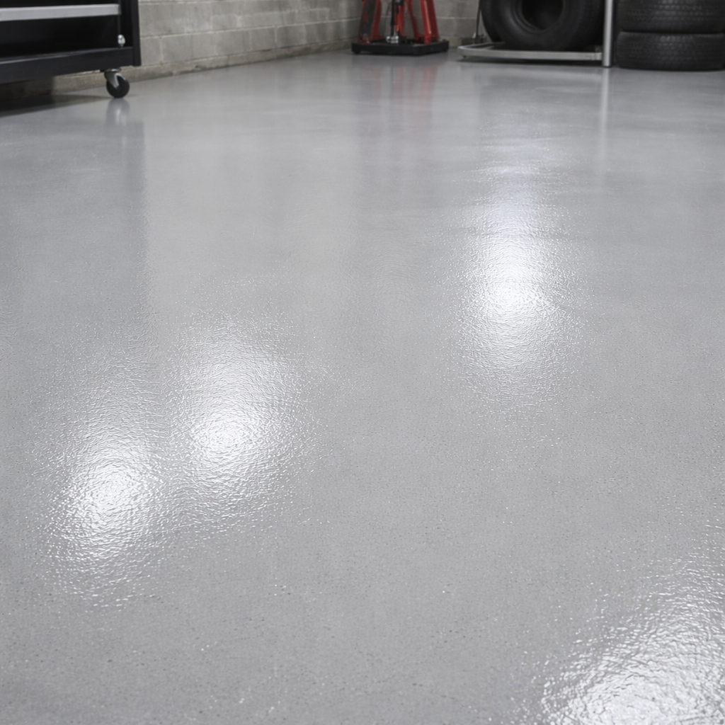Polished concrete floor in a garage with visible reflections
