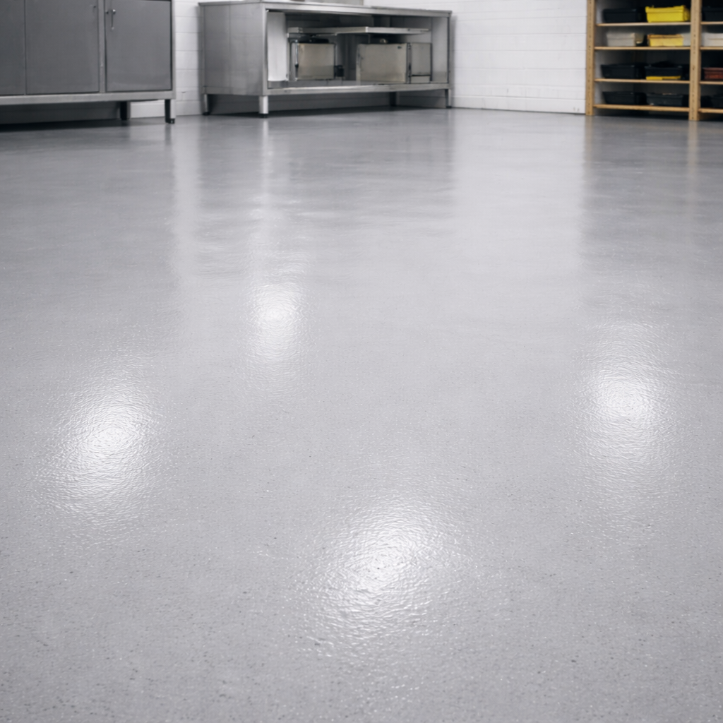 Polished concrete floor in a garage with cabinets and shelves in the background.
