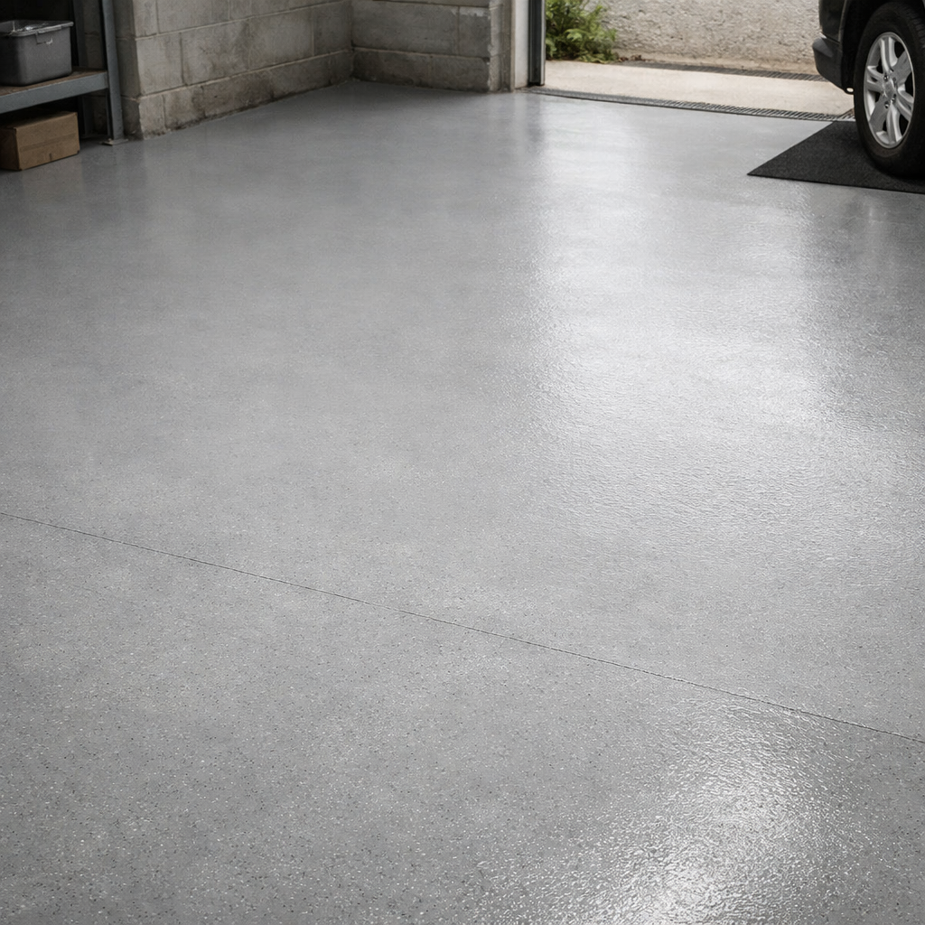 Polished concrete floor in a garage with a car partially visible.